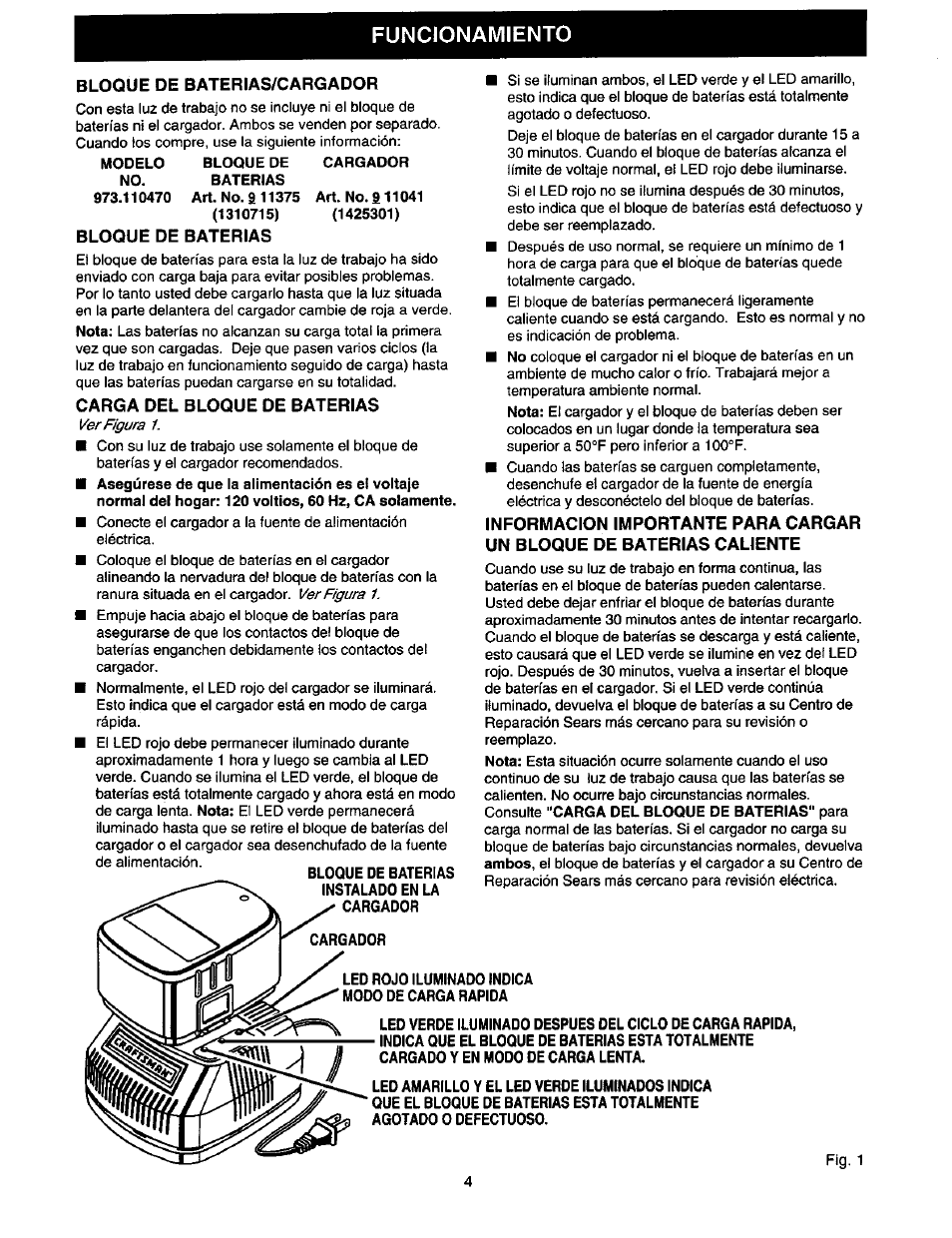 Bloque de baterias, Instalado en la cargador, Cargador | Fig. 1, Funcionamiento | Craftsman 973.110470 User Manual | Page 12 / 16