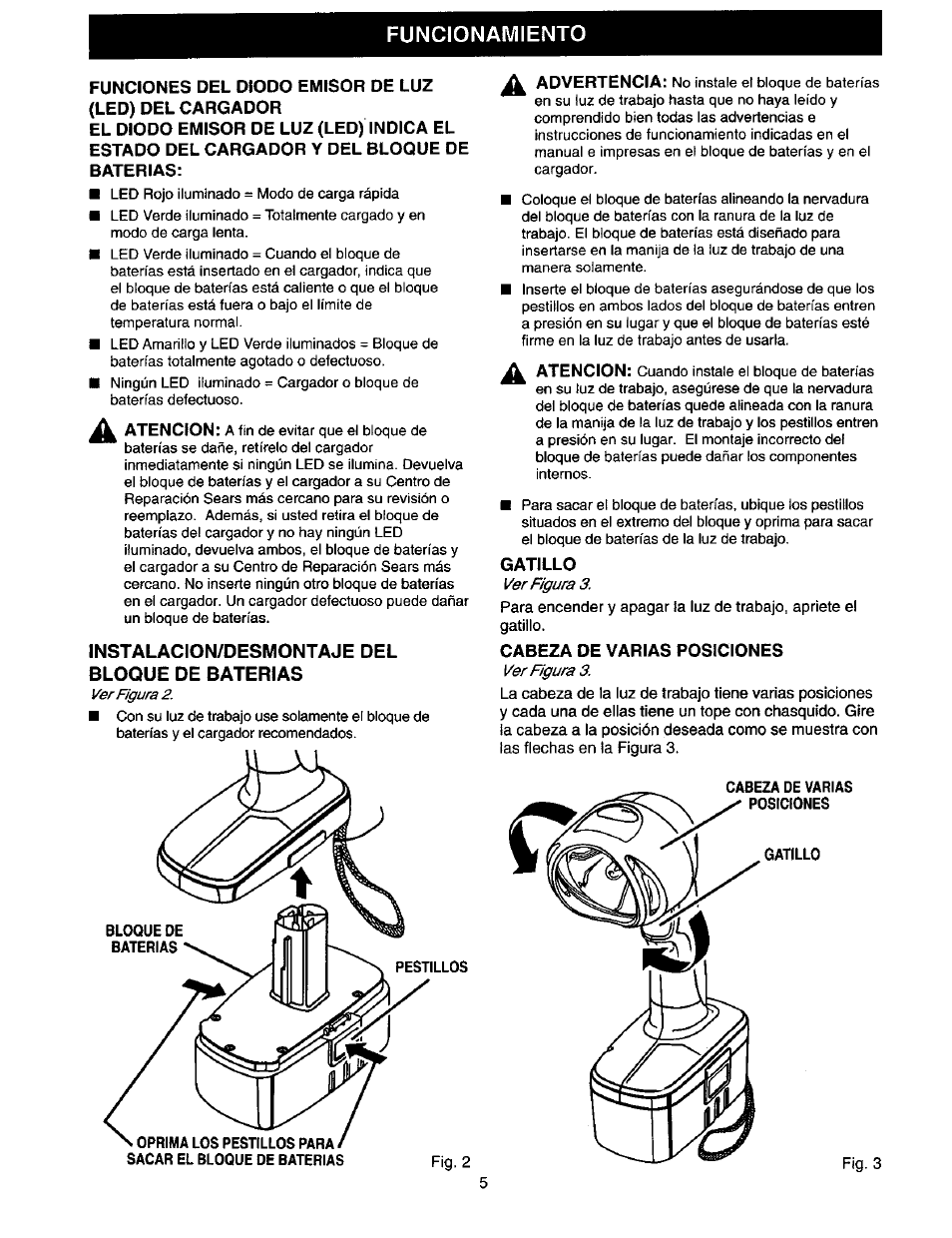 Instalacion/desmontaje del bloque de baterias, Cabeza de varias posiciones, Funcionamiento | Craftsman 973.110470 User Manual | Page 13 / 16