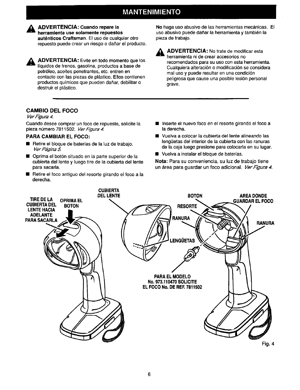 Cambio del foco, Para cambiar el foco, Mantenimiento | Craftsman 973.110470 User Manual | Page 14 / 16