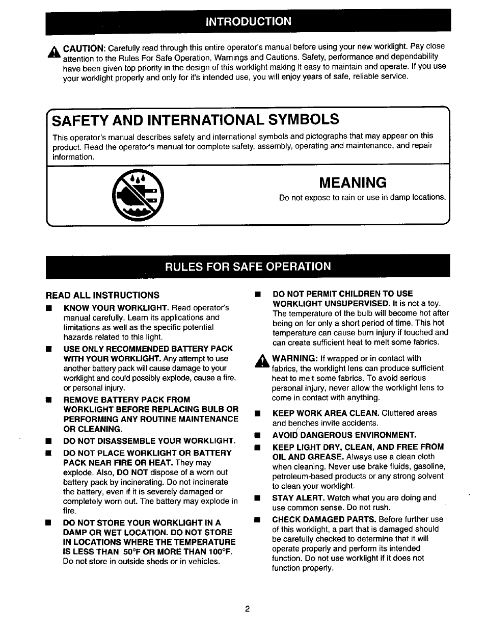 Introduction, Safety and international symbols, Meaning | Rules for safe operation, Do not disassemble your worklight, Avoid dangerous environment | Craftsman 973.110470 User Manual | Page 2 / 16