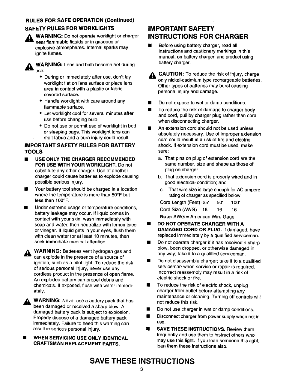 Important safety instructions for charger, Save these instructions | Craftsman 973.110470 User Manual | Page 3 / 16