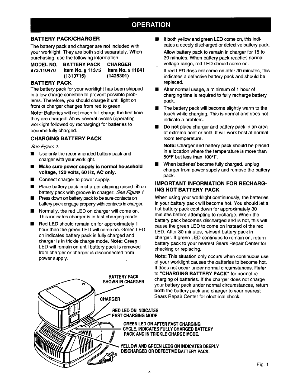 Battery pack, Operation | Craftsman 973.110470 User Manual | Page 4 / 16