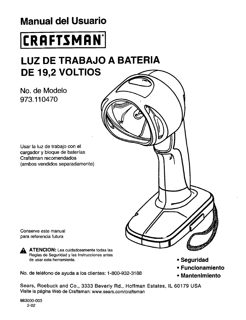 Manual del usuario, Luz de trabajo a bateria de 19,2 voltios, No. de modelo | Craftsman 973.110470 User Manual | Page 9 / 16