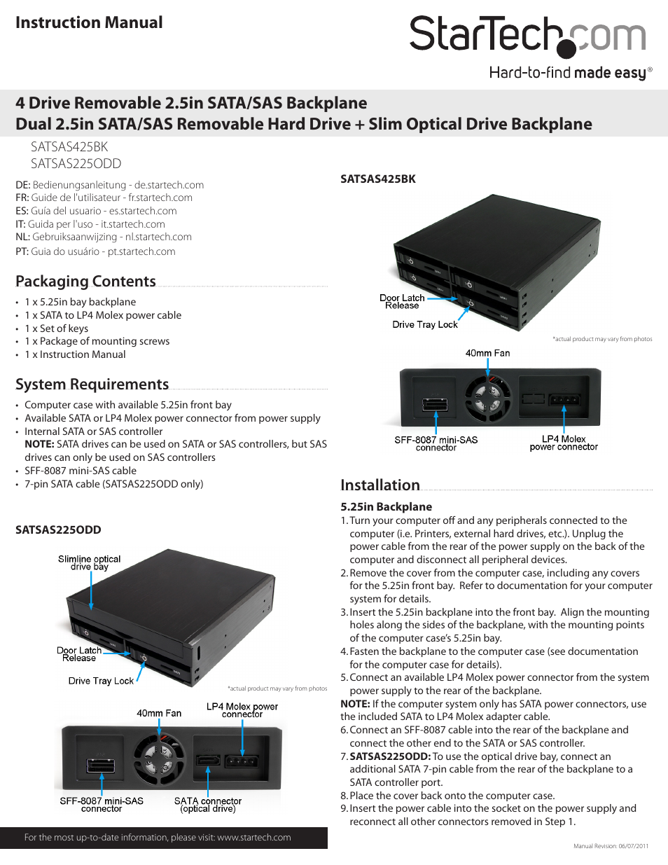 StarTech.com SATSAS225ODD User Manual | 2 pages