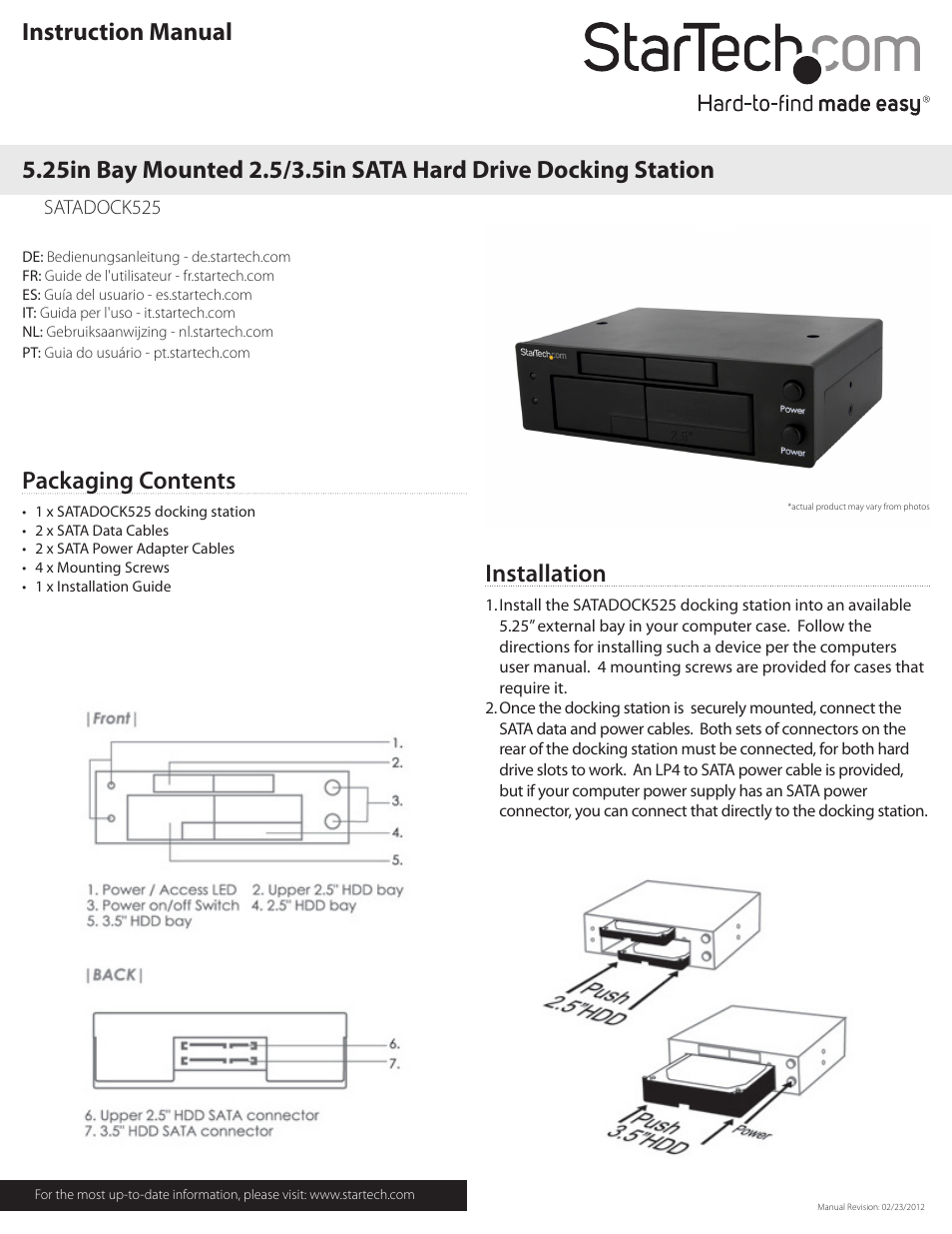 StarTech.com SATADOCK525 User Manual | 2 pages