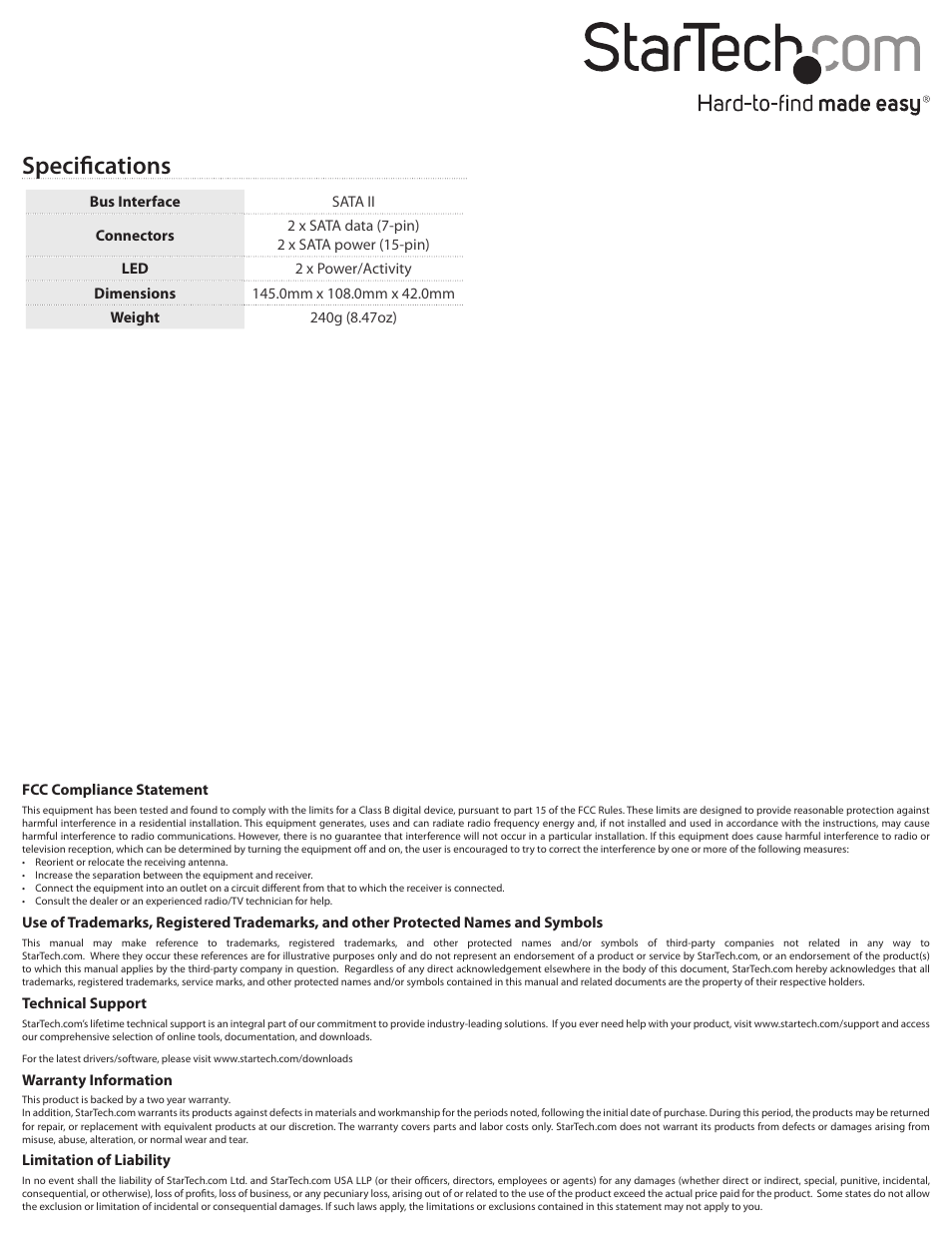 Specifications | StarTech.com SATADOCK525 User Manual | Page 2 / 2