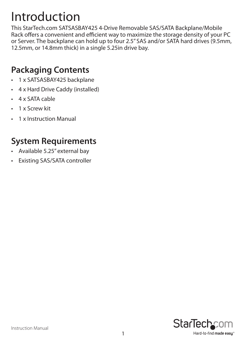 Introduction, Packaging contents, System requirements | StarTech.com SATSASBAY425 User Manual | Page 4 / 9