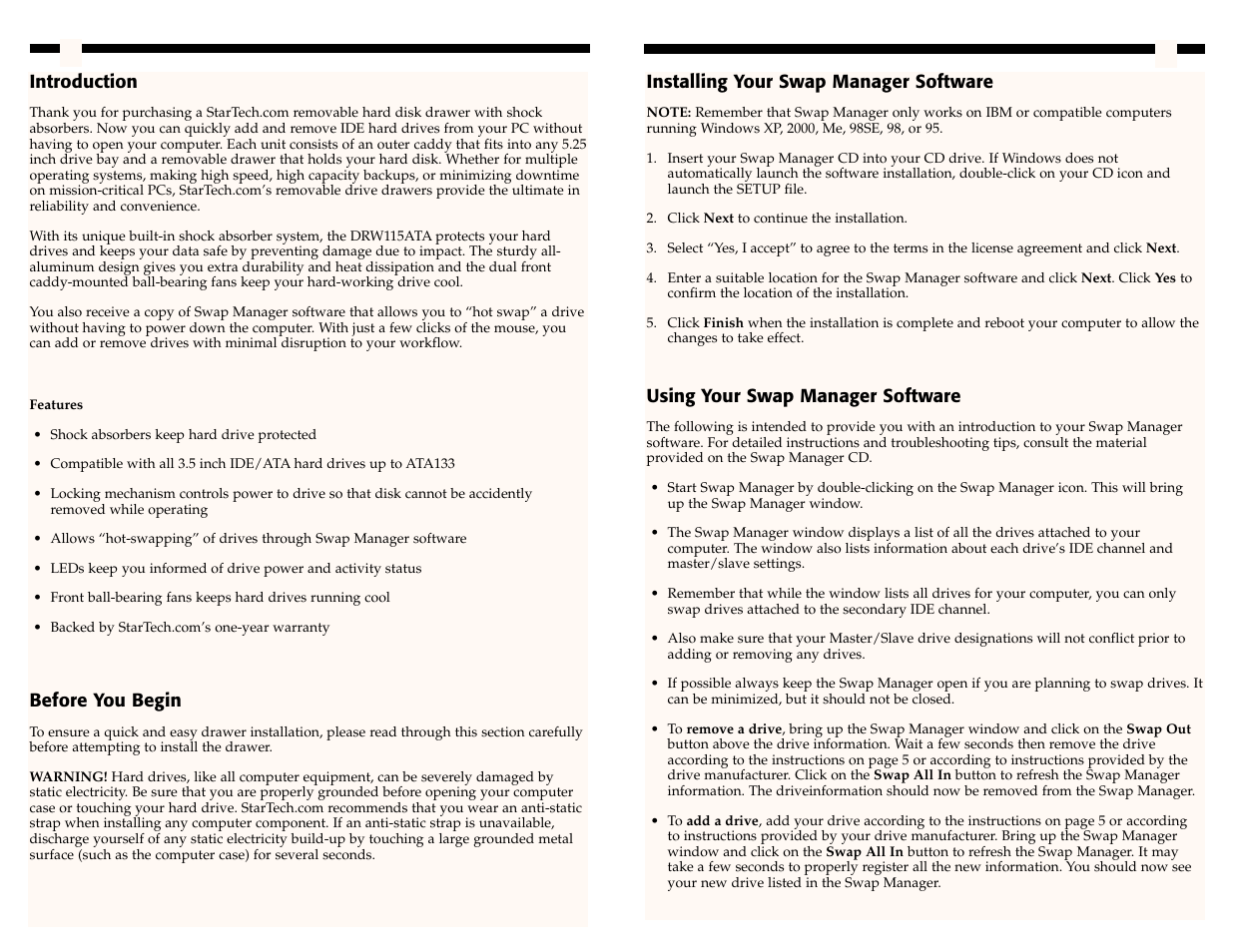 Introduction, Before you begin, 2installing your swap manager software | Using your swap manager software | StarTech.com DRW115CADBK User Manual | Page 4 / 6
