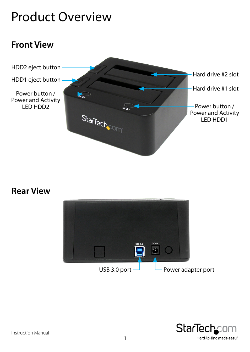 Product overview, Front view, Rear view | Front view rear view | StarTech.com SDOCK2U33 User Manual | Page 4 / 11