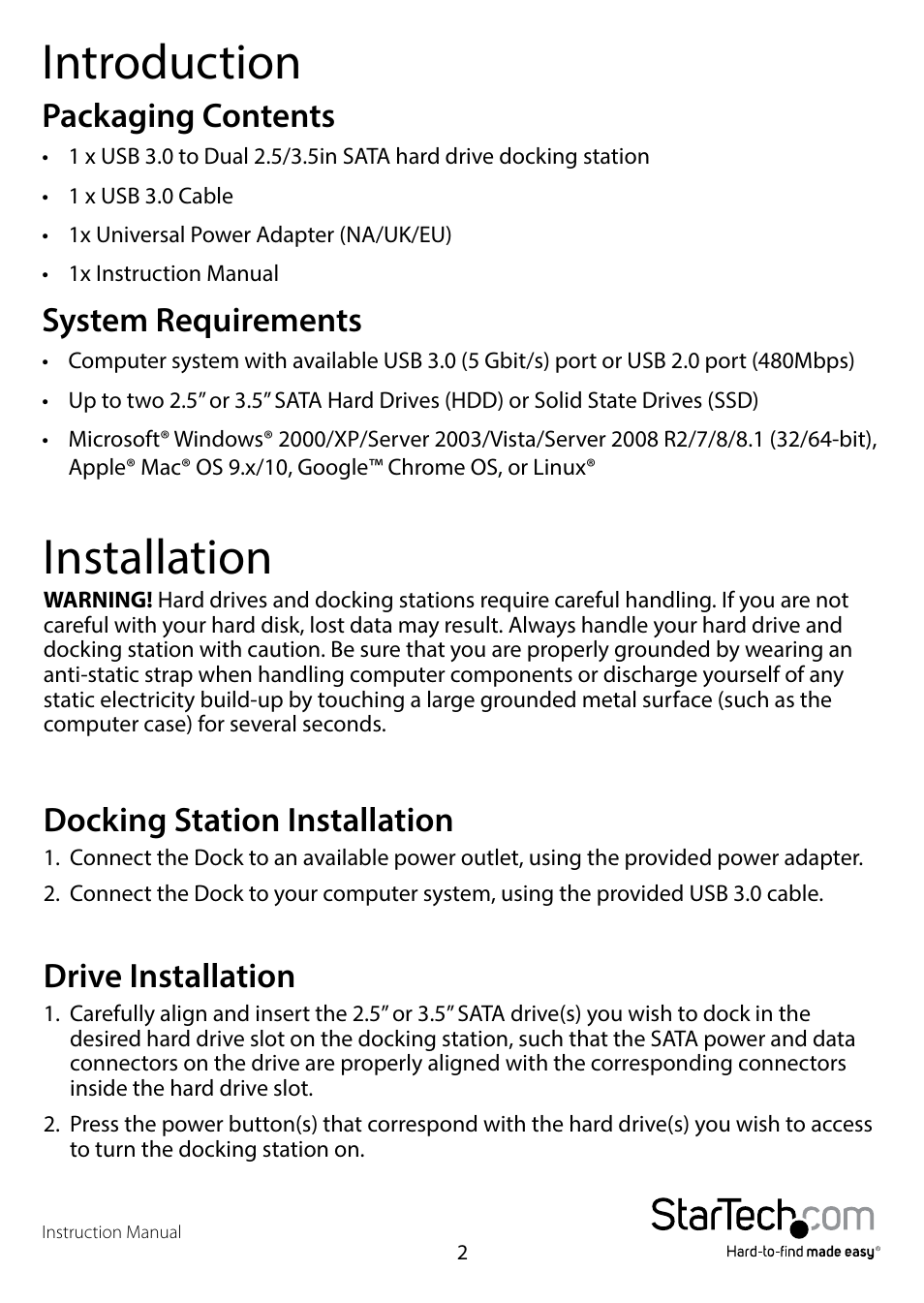 Introduction, Packaging contents, System requirements | Installation, Docking station installation, Drive installation, Packaging contents system requirements, Docking station installation drive installation | StarTech.com SDOCK2U33 User Manual | Page 5 / 11
