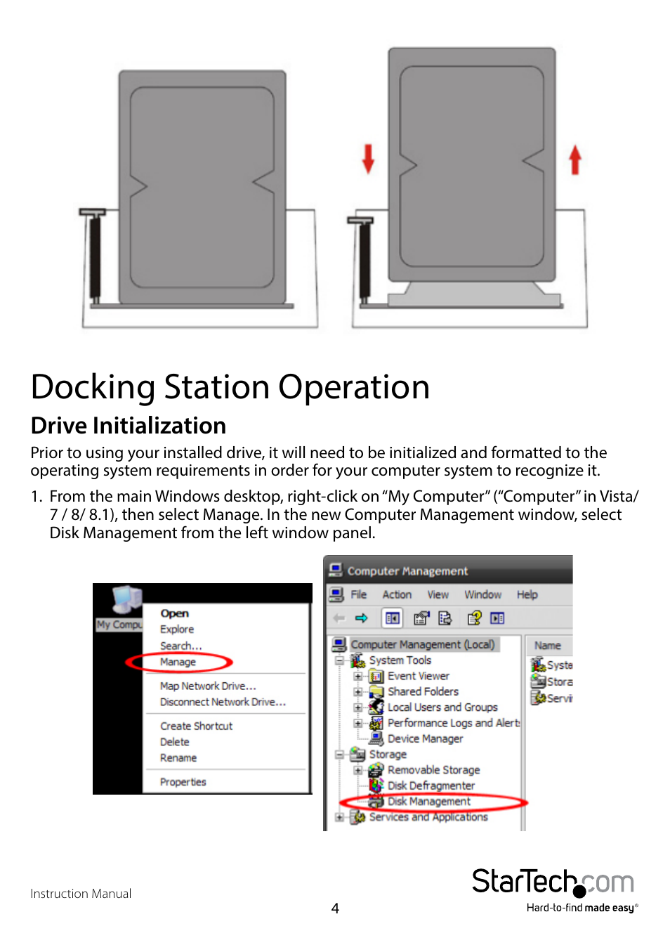 Docking station operation, Drive initialization | StarTech.com SDOCK2U33 User Manual | Page 7 / 11