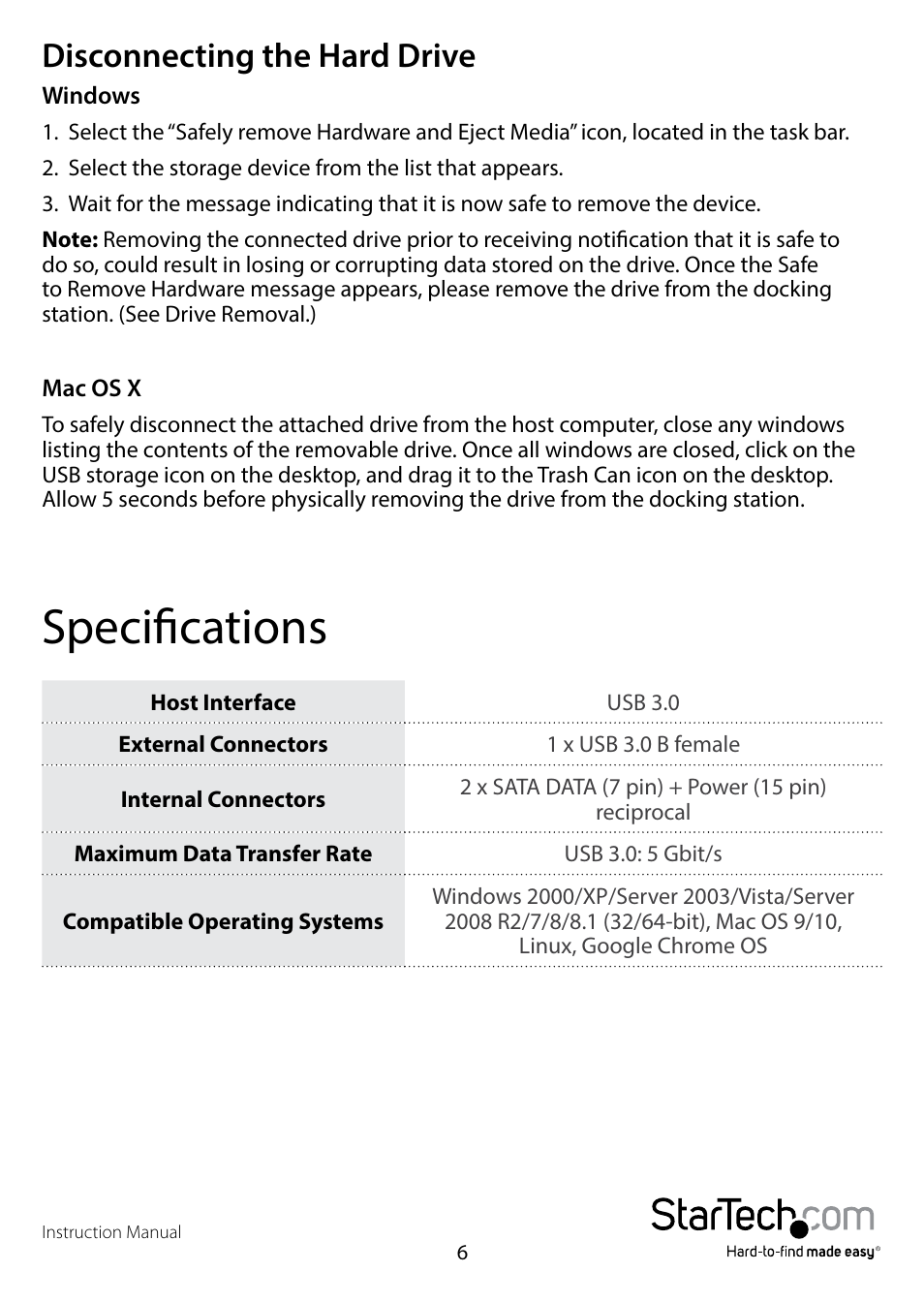 Disconnecting the hard drive, Specifications | StarTech.com SDOCK2U33 User Manual | Page 9 / 11