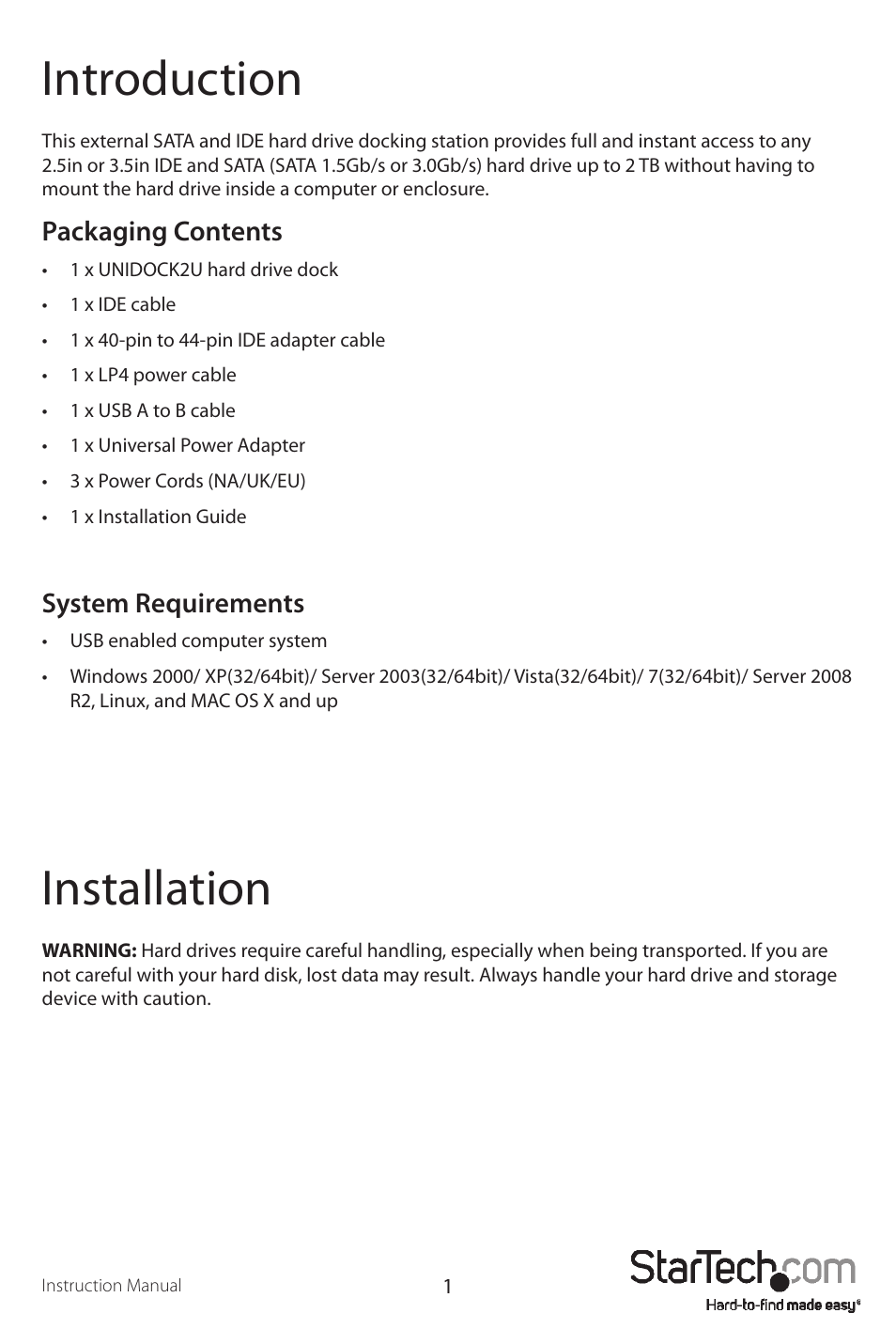 Introduction, Installation | StarTech.com UNIDOCK2U User Manual | Page 4 / 11