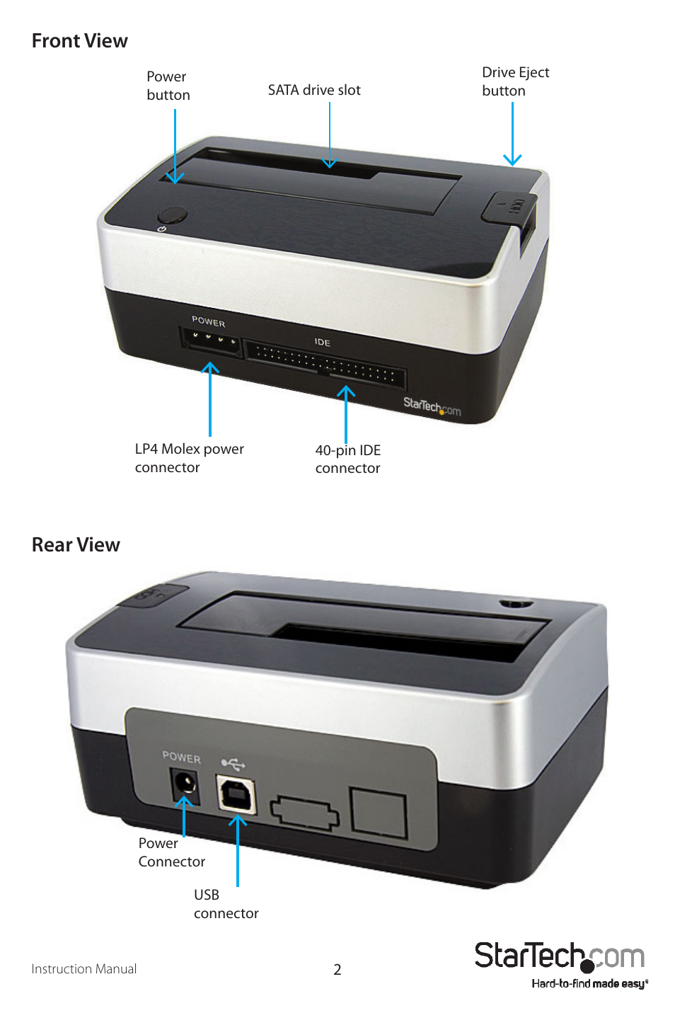 Front view rear view | StarTech.com UNIDOCK2U User Manual | Page 5 / 11