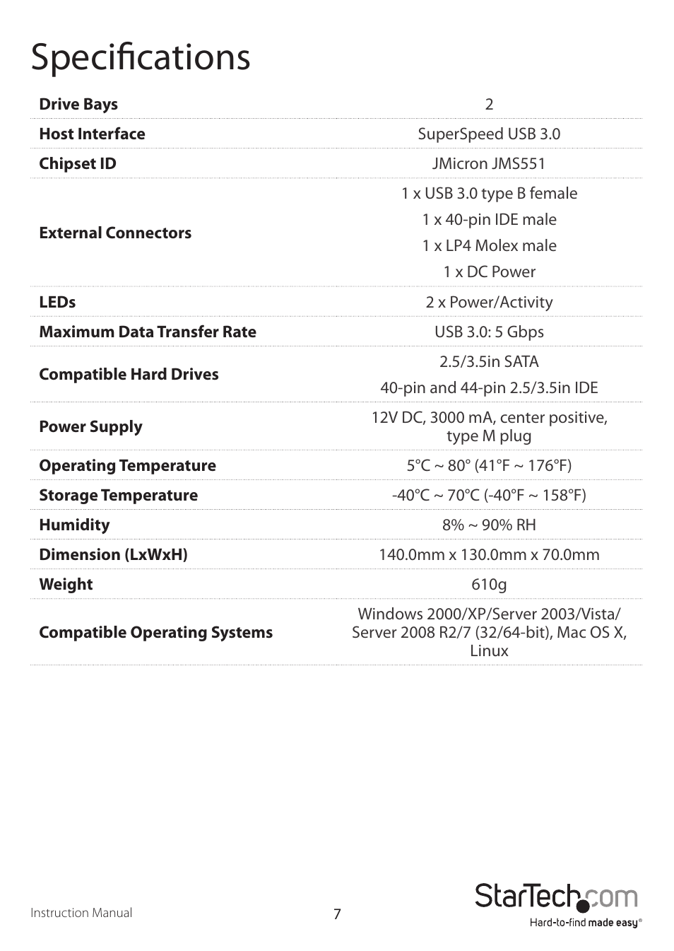 Specifications | StarTech.com UNIDOCK3UEU User Manual | Page 10 / 12