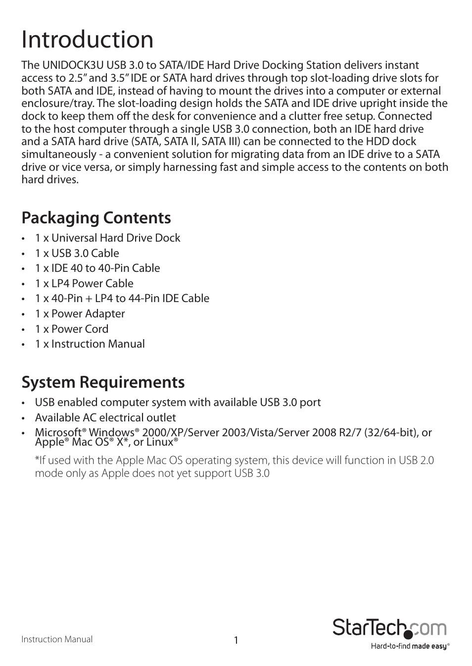 Introduction, Packaging contents, System requirements | StarTech.com UNIDOCK3UEU User Manual | Page 4 / 12
