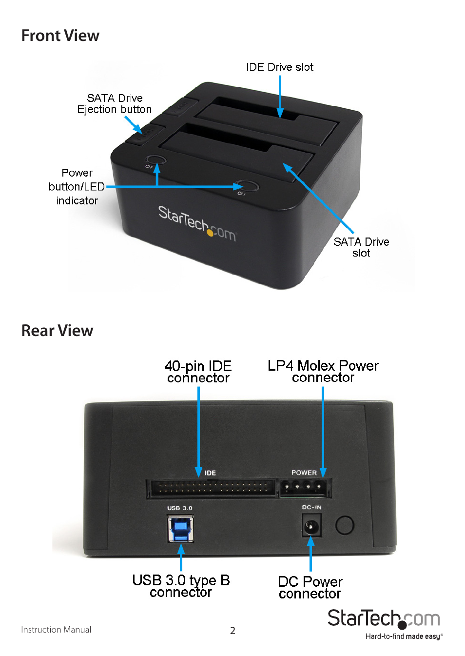 Front view rear view | StarTech.com UNIDOCK3UEU User Manual | Page 5 / 12