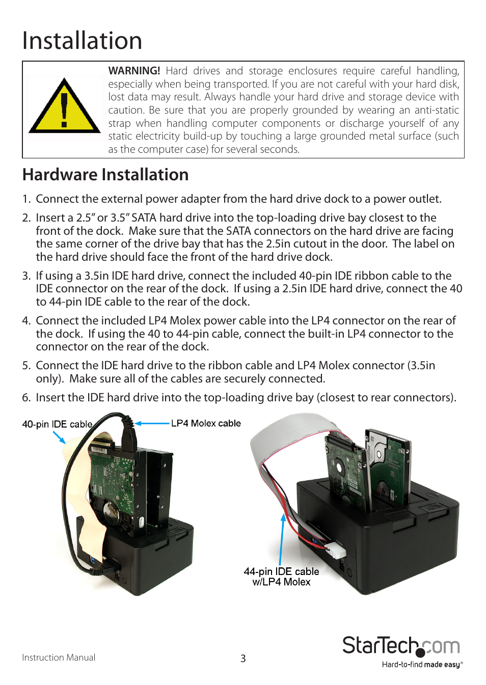 Installation, Hardware installation | StarTech.com UNIDOCK3UEU User Manual | Page 6 / 12