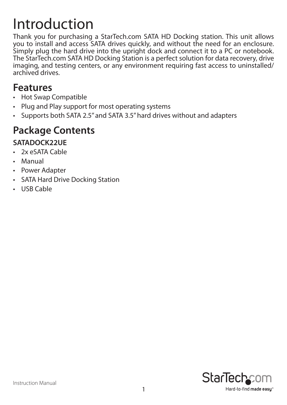 Introduction, Features, Package contents | StarTech.com SATDOCK2UEEU User Manual | Page 4 / 12