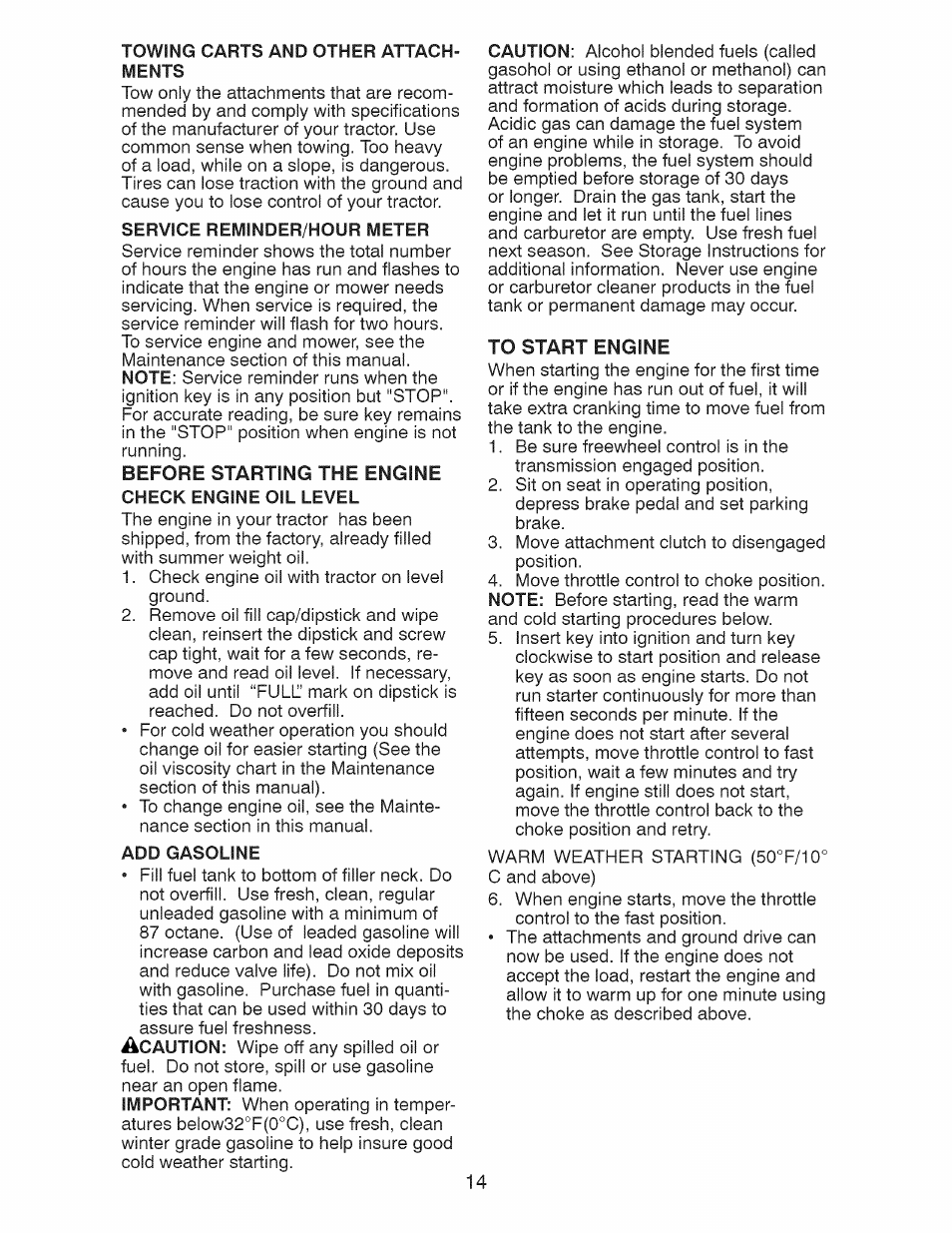 Service reminder/hour meter, Before starting the engine check engine oil level, Add gasoline | To start engine | Craftsman 28928 User Manual | Page 14 / 64