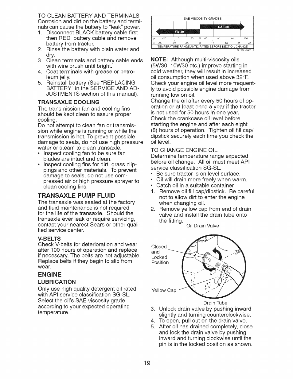 Transaxle cooling, Transaxle pump fluid, V-belts | Engine, Lubrication | Craftsman 28928 User Manual | Page 19 / 64