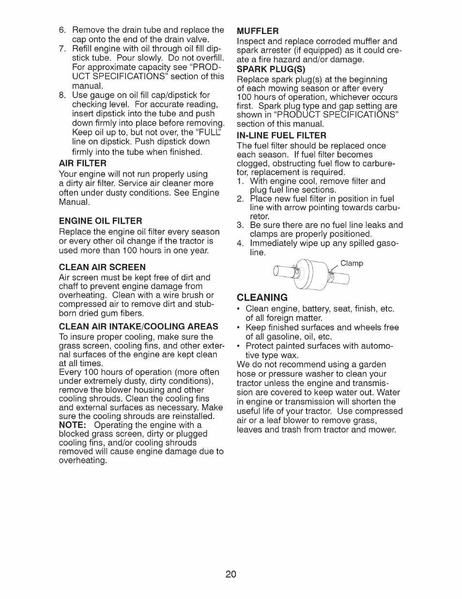 Air filter, Engine oil filter, Clean air screen | Clean air intake/cooling areas, Muffler, Spark plug(s), In-line fuel filter, Cleaning | Craftsman 28928 User Manual | Page 20 / 64