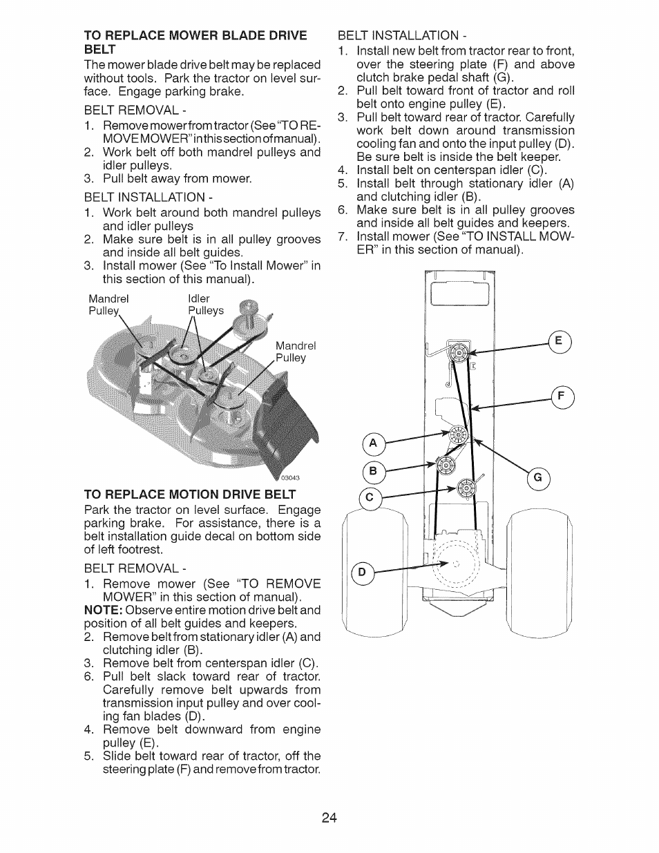 To replace mower blade drive, To replace motion drive belt | Craftsman 28928 User Manual | Page 24 / 64