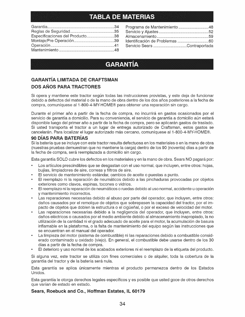 Garantia, 90 días para baterías, Sears, roebuck and co., hoffman estates, il 60179 | Abla de materias | Craftsman 28928 User Manual | Page 34 / 64