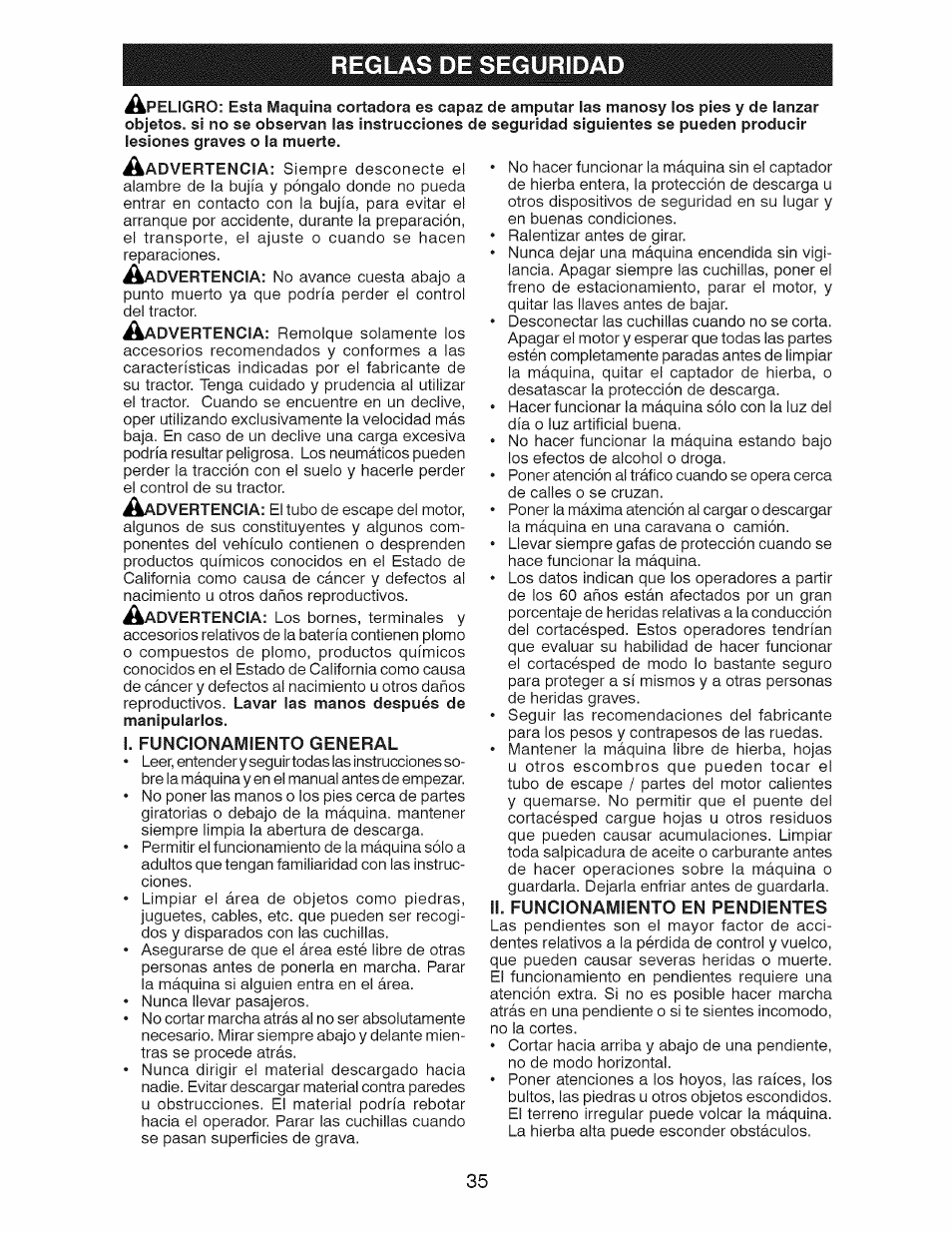 Ii. funcionamiento en pendientes, Reglas de seguridad | Craftsman 28928 User Manual | Page 35 / 64