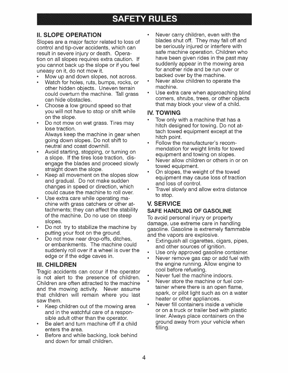 Iii. children, Iv. towing, V. service | Safe handling of gasoline, Safety rules | Craftsman 28928 User Manual | Page 4 / 64