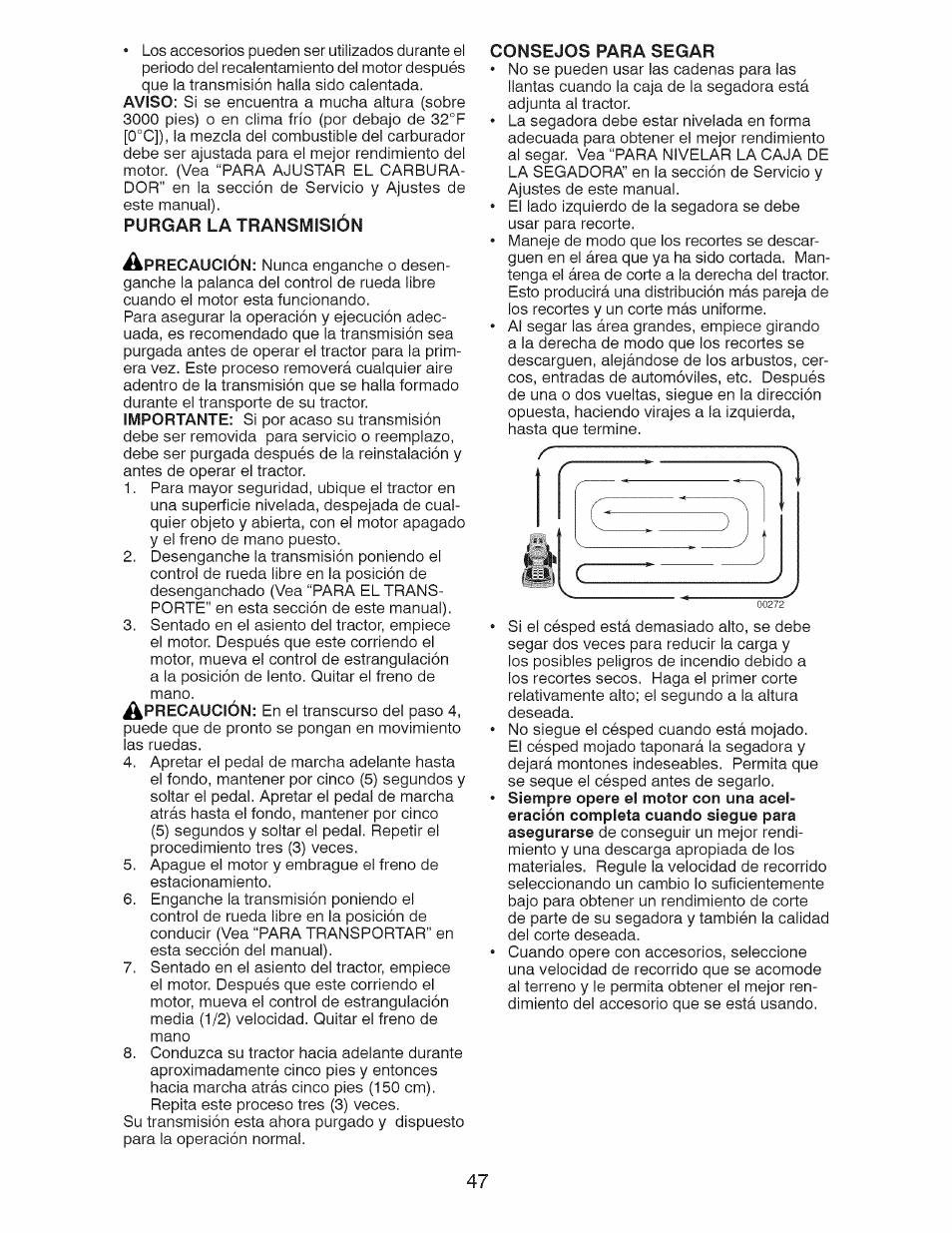 Purgar la transmisión, Consejos para segar | Craftsman 28928 User Manual | Page 47 / 64