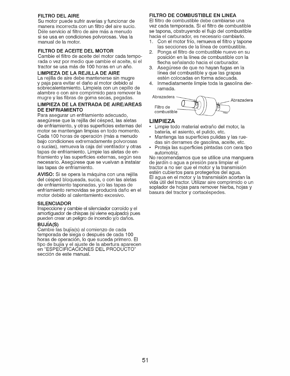 Filtro del aire, Filtro de aceite del motor, Limpieza de la rejilla de aire | Silenciador, Bujía(s), Filtro de combustible en linea, Limpieza | Craftsman 28928 User Manual | Page 51 / 64