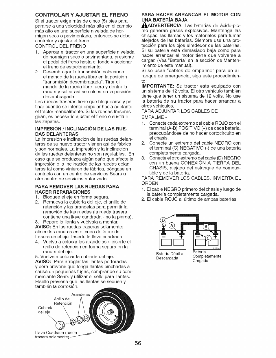 Controlar y ajustar el freno, Impresión / inclinación de las ruedas delanteras, Para remover las ruedas para hacer reparaciones | Para hacer arrancar el motor con una batería baja | Craftsman 28928 User Manual | Page 56 / 64