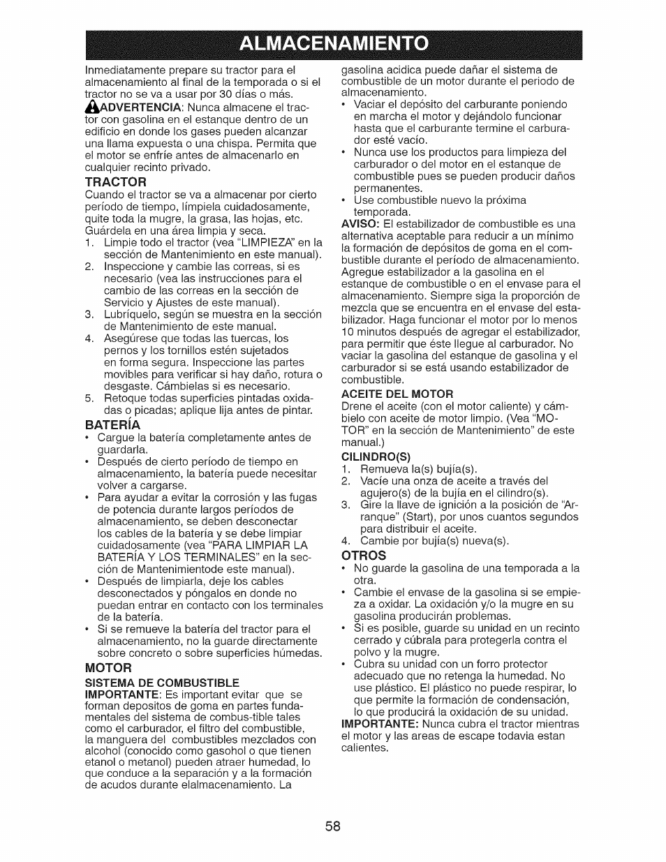 Batería, Motor, Aceite del motor | Cilindro(s), Otros, Almacenamiento | Craftsman 28928 User Manual | Page 58 / 64