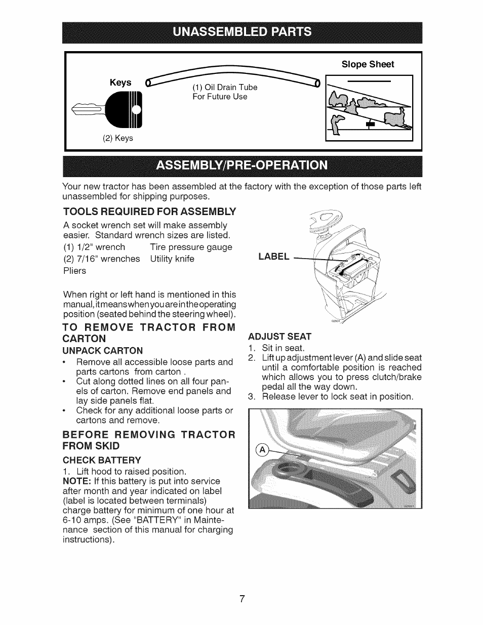 Unassembled parts, Assembly/pre-operation, Tools required for assembly | To remove tractor from, Carton, Unpack carton, Before removing tractor from skid, Check battery, Adjust seat | Craftsman 28928 User Manual | Page 7 / 64
