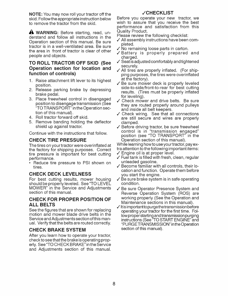 Check tire pressure, Check deck levelness, Check for proper position of all belts | Check brake system, Checklist | Craftsman 28928 User Manual | Page 8 / 64