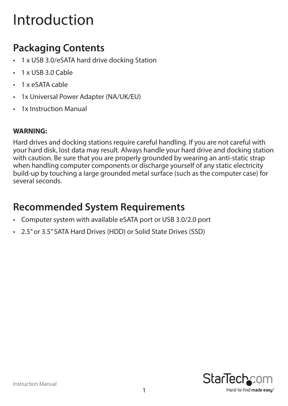 Introduction, Packaging contents, Recommended system requirements | StarTech.com SDOCKU33EBV User Manual | Page 4 / 11