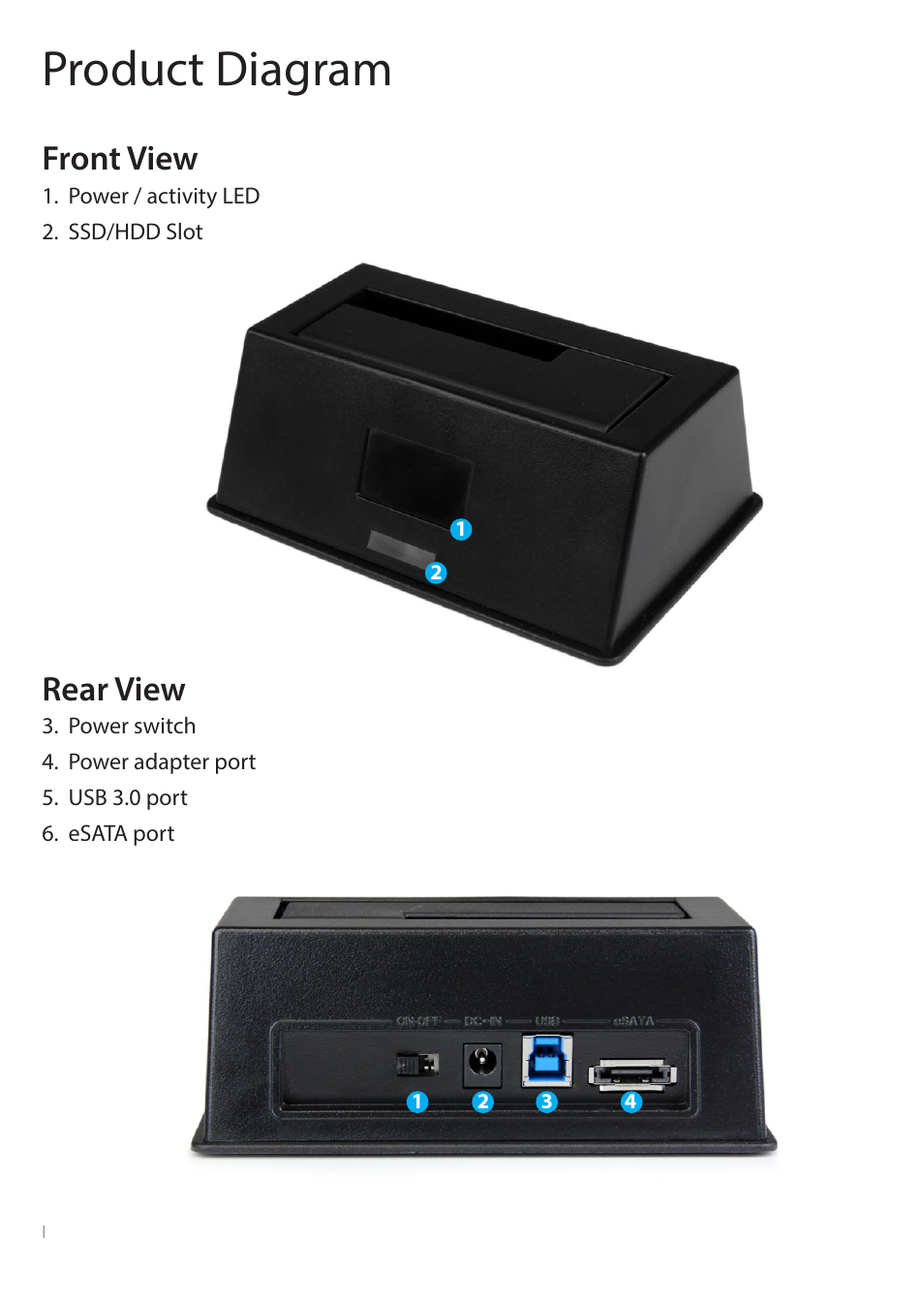 Product diagram, Front view, Rear view | StarTech.com SDOCKU33EBV User Manual | Page 5 / 11