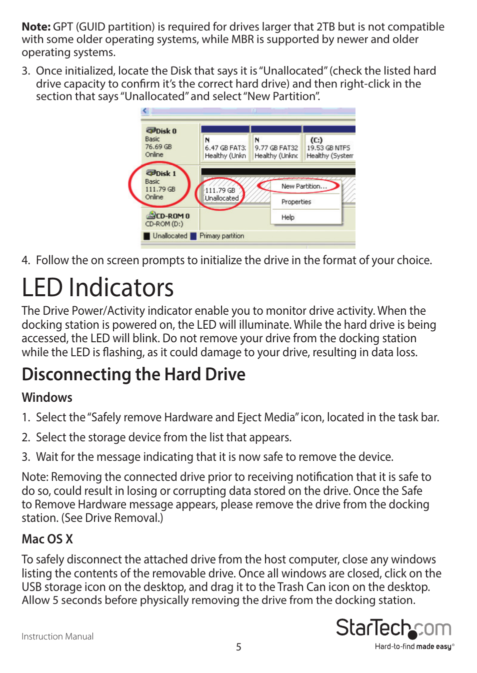 Led indicators, Disconnecting the hard drive | StarTech.com SDOCKU33EBV User Manual | Page 8 / 11