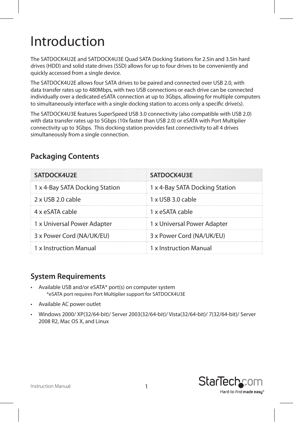 Introduction, Packaging contents system requirements | StarTech.com SATDOCK4U3E User Manual | Page 4 / 12