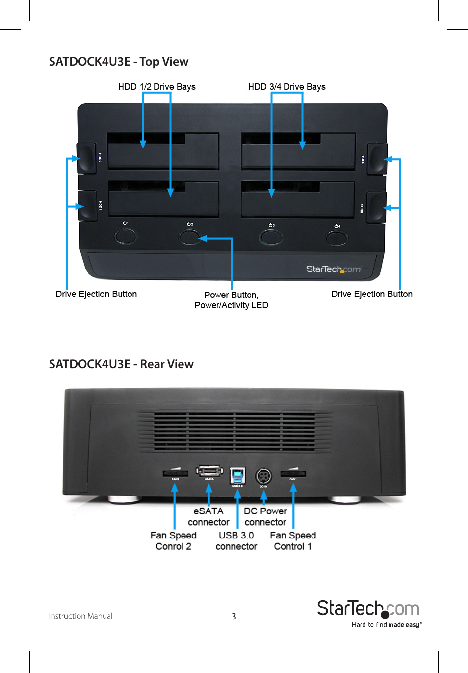 Satdock4u3e - top view satdock4u3e - rear view | StarTech.com SATDOCK4U3E User Manual | Page 6 / 12