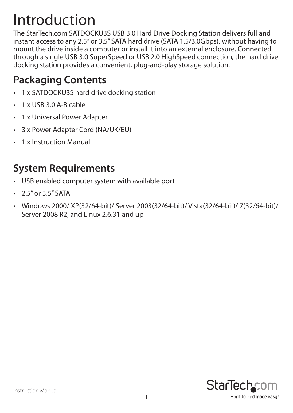Introduction, Packaging contents, System requirements | StarTech.com SATDOCKU3S User Manual | Page 4 / 11