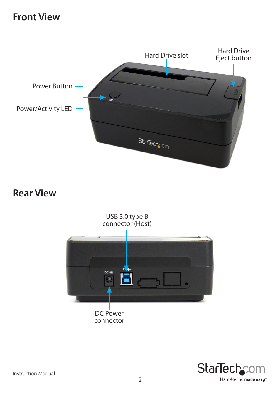 Front view rear view | StarTech.com SATDOCKU3S User Manual | Page 5 / 11