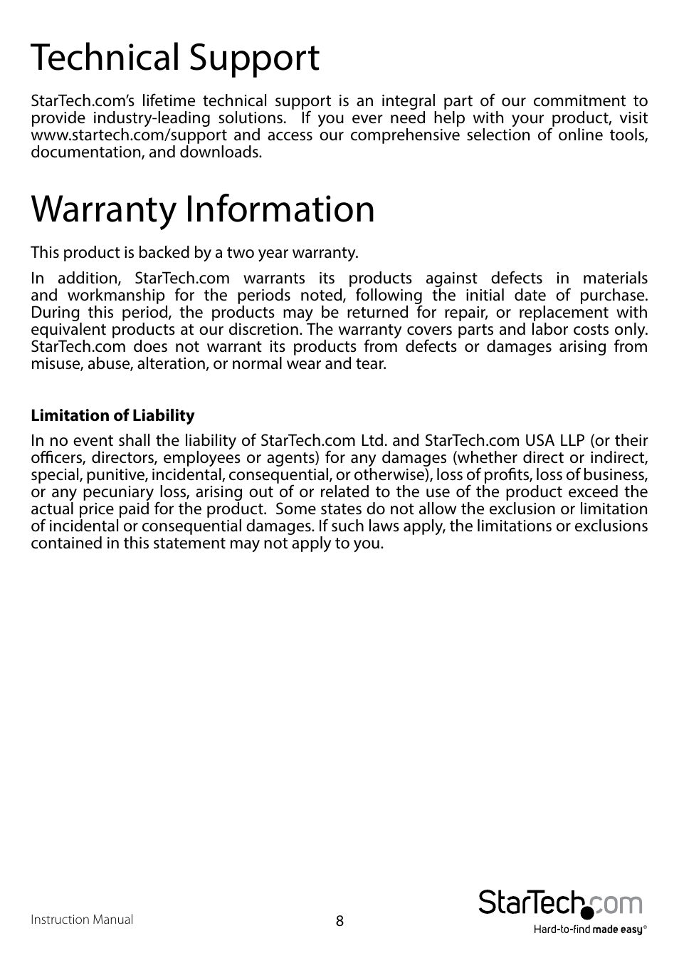 Technical support, Warranty information | StarTech.com SATDOCKU3FEU User Manual | Page 11 / 12