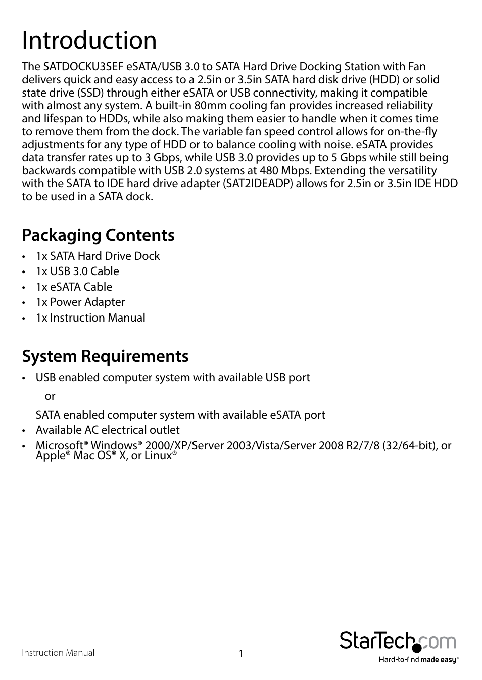 Introduction, Packaging contents, System requirements | Packaging contents system requirements | StarTech.com SATDOCKU3FEU User Manual | Page 4 / 12