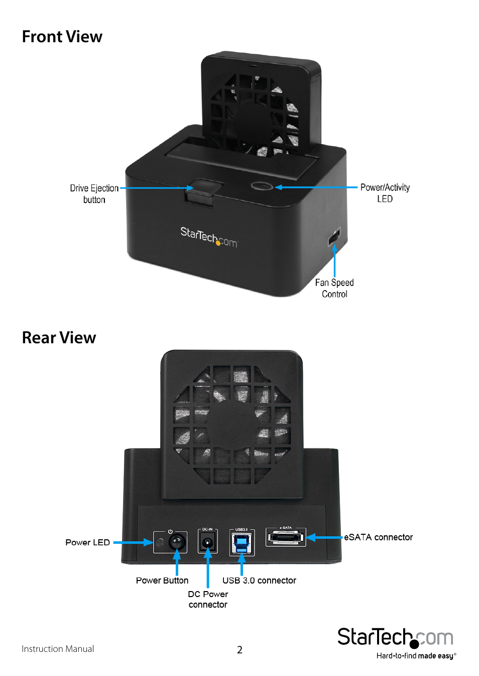 Front view, Rear view, Front view rear view | StarTech.com SATDOCKU3FEU User Manual | Page 5 / 12