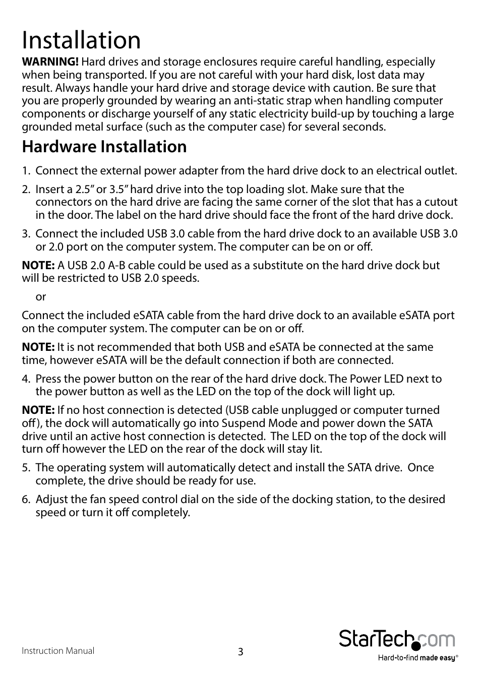 Installation, Hardware installation | StarTech.com SATDOCKU3FEU User Manual | Page 6 / 12