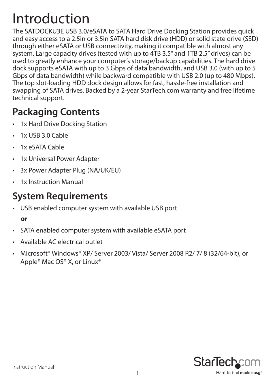 Introduction, Packaging contents, System requirements | StarTech.com SATDOCKU3E User Manual | Page 4 / 10