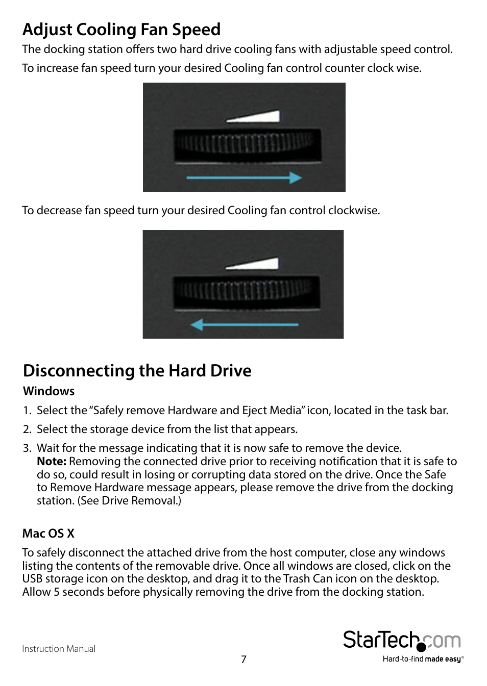 Adjust cooling fan speed, Disconnecting the hard drive | StarTech.com SDOCK4U33 User Manual | Page 10 / 13