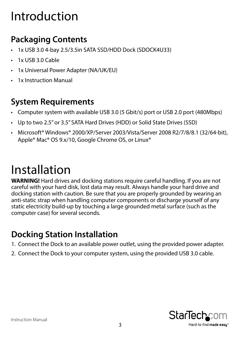 Introduction, Packaging contents, System requirements | Installation, Docking station installation, Packaging contents system requirements | StarTech.com SDOCK4U33 User Manual | Page 6 / 13